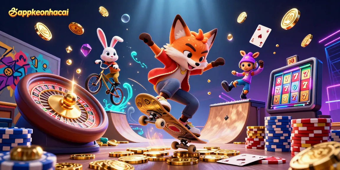 appkeonhacai features a dynamic scene with a skateboarding fox and BMX rabbit amid casino elements.