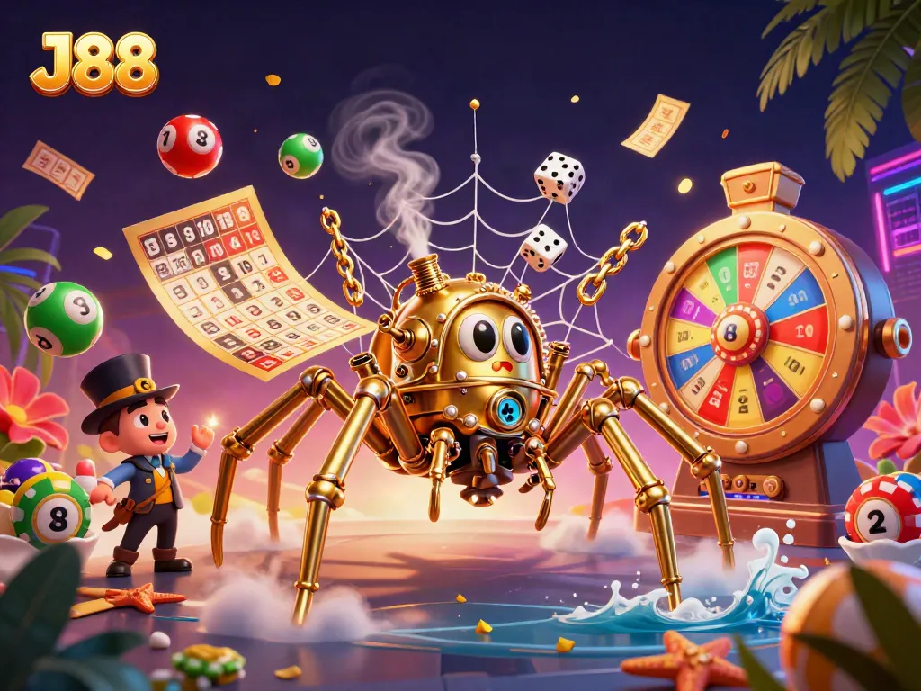 Experience thrilling games with J88, featuring a whimsical steampunk spider and vibrant lottery elements.