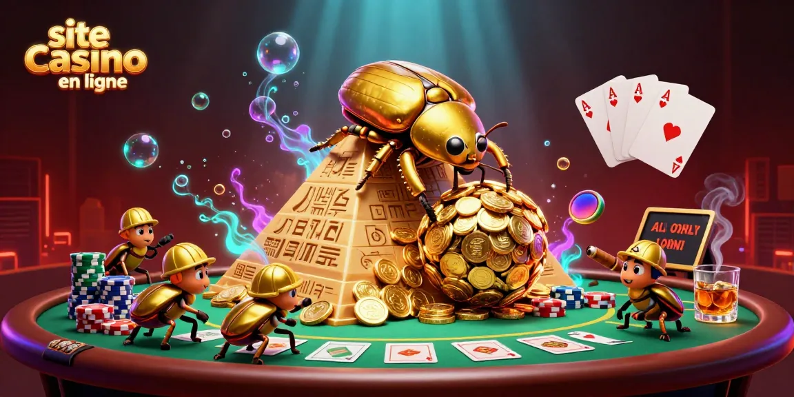 Illustration colorée représentant un site casino en ligne avec un scarabée d'or et des éléments de poker.