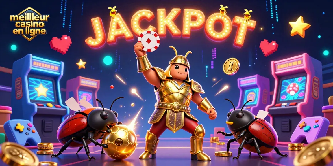 Jouer au meilleur casino en ligne avec un scarabée en armure brandissant un jeton de poker, entouré de machines animées.