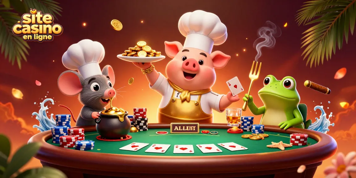 Le site casino en ligne met en vedette un chef cartoon servant des pièces d'or dans une scène dynamique de poker.