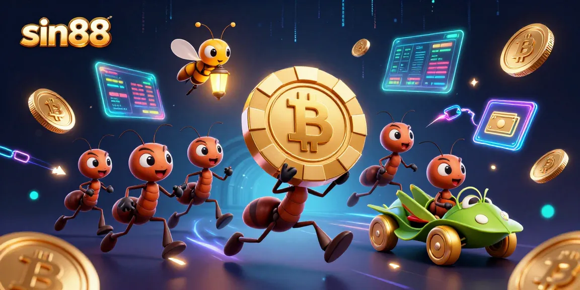 sin88 ants orchestrating a heist with golden poker chips amid vibrant casino elements