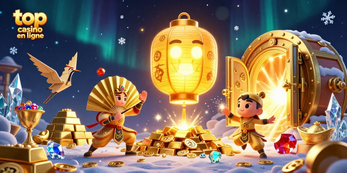 Illustration dynamique de top casino en ligne, mettant en scène un esprit en lanterne dorée et des guerriers en éventail.