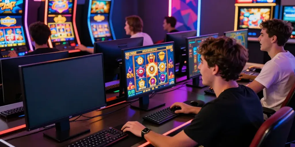 Engaged players enjoying slot gacor games on modern screens, colorful graphics and joyful expressions.