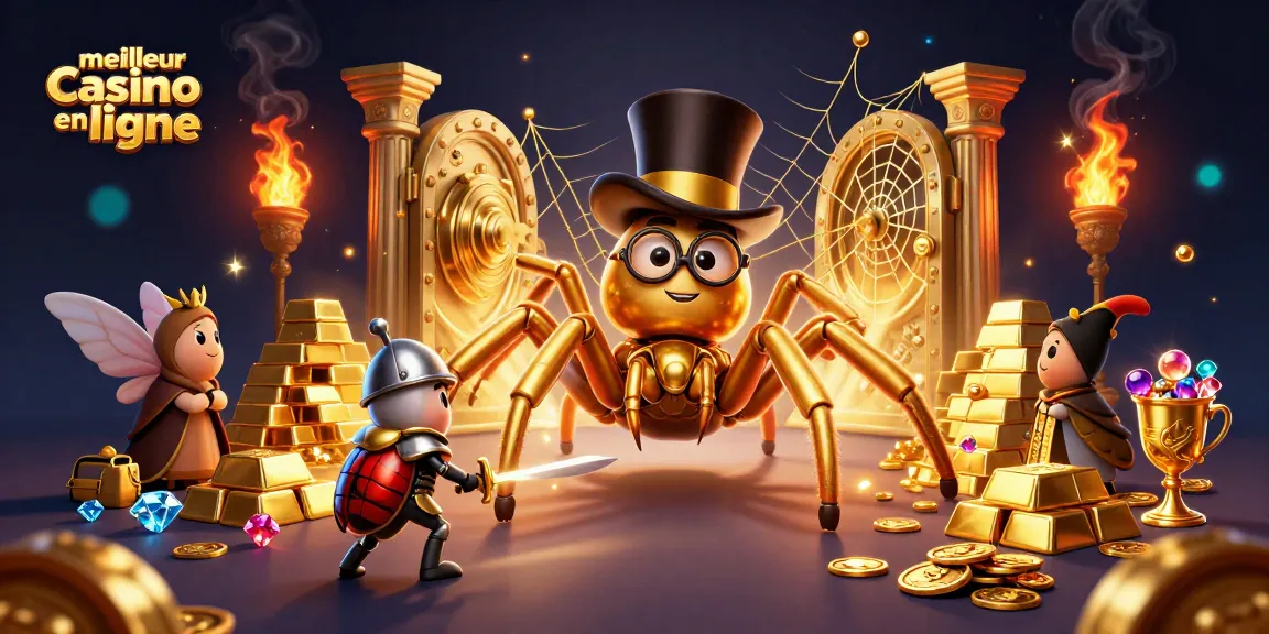 Découvrez le meilleur casino en ligne avec des personnages animés autour de riches éléments dorés.