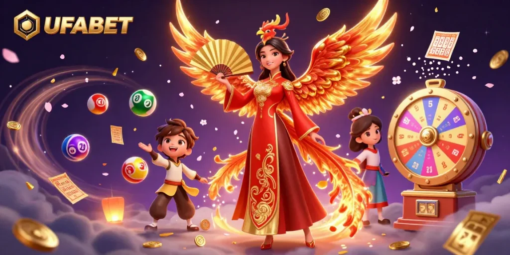 Engage with UFABET's vibrant gaming scene featuring a captivating ao dai dancer with phoenix and dynamic lottery elements.