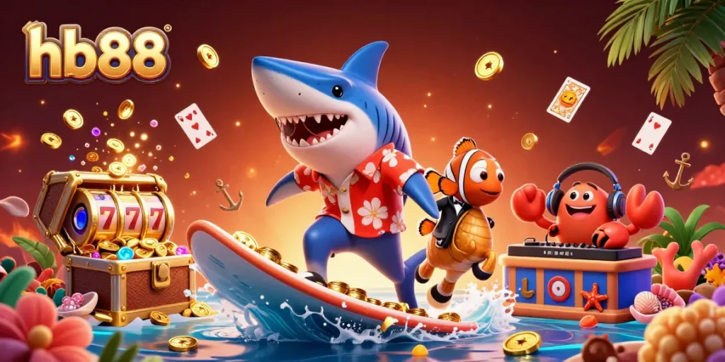hb88 promotes thrilling gaming adventures featuring vibrant characters, gold coins, and lively casino elements.