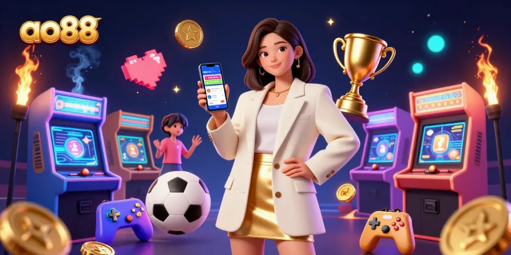 Engaging sports betting experience showcased by ao88 with a friendly Asian woman, dynamic gaming elements, and vivid colors.