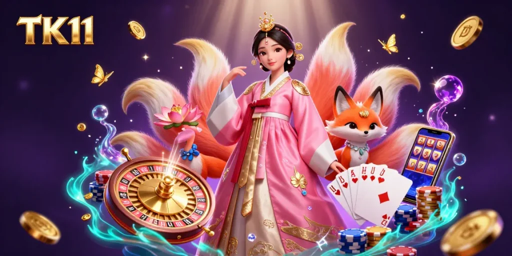 Engaging scene with TK11 showcasing a graceful Asian woman and a lucky fox amidst casino games.