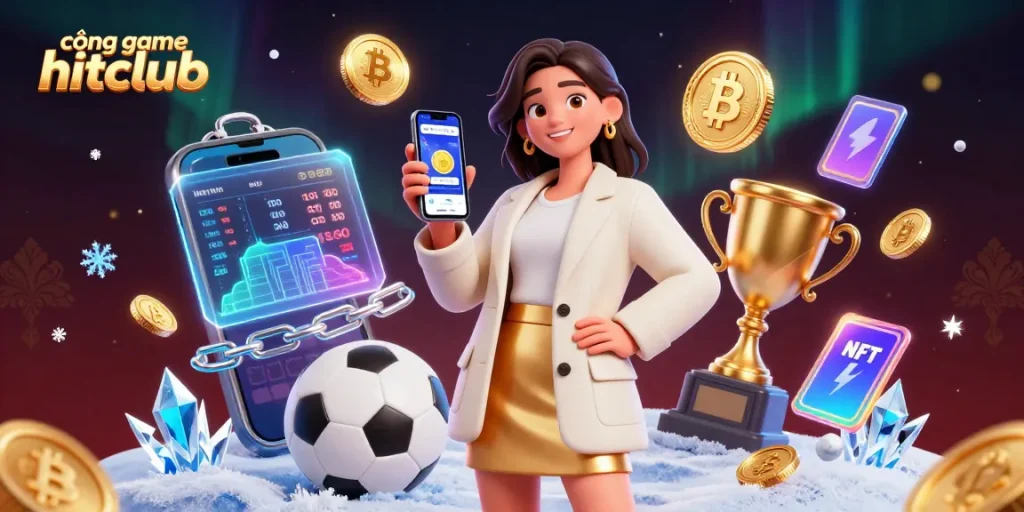 Engage in the exciting cổng game hitclub with a lively Asian woman showcasing a sports betting app.