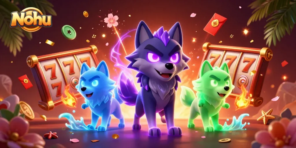 Nohu's vibrant casino energy captivates players with spinning slot reels and lucky symbols.