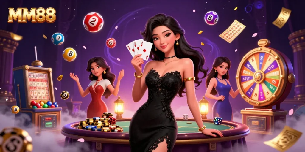 Experience MM88 excitement with a stylish Asian woman holding winning poker cards amidst vibrant casino elements.