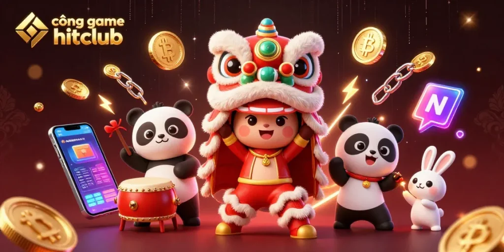 Engage with cổng game hitclub in a vibrant, dynamic scene showcasing fun characters and crypto elements.