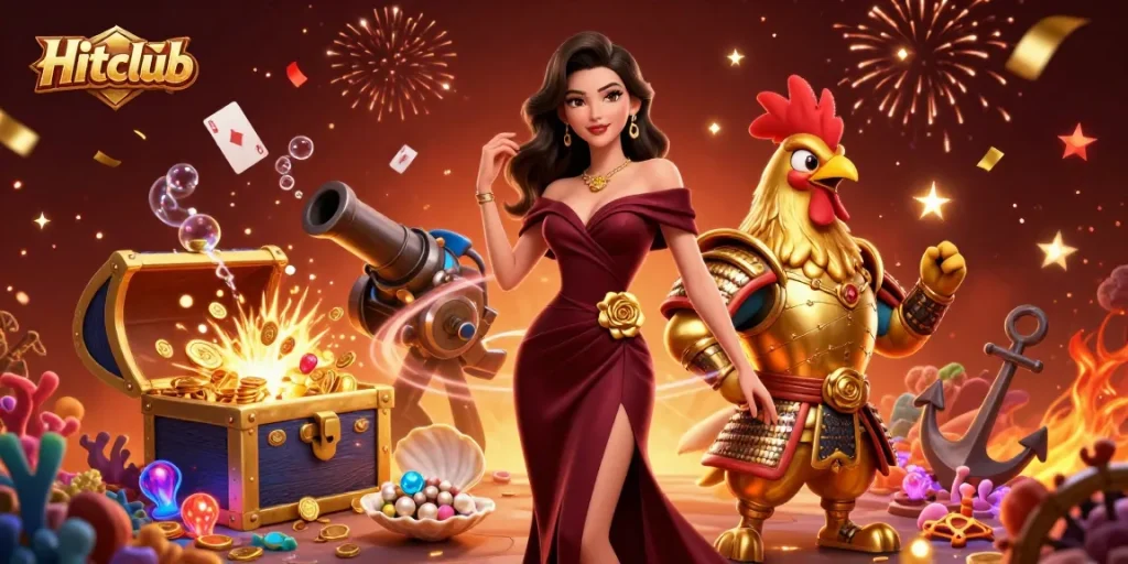 Engage with thrilling gameplay at Hitclub featuring a glamorous woman and golden rooster warrior amidst underwater treasures.