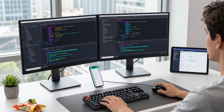 Software developer using AI chatbot at a modern workspace, showcasing coding screens and a vibrant atmosphere.