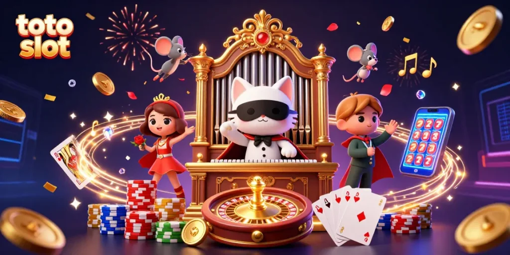 Experience thrilling action at toto slot with animated casino characters and sparkling gambling elements.