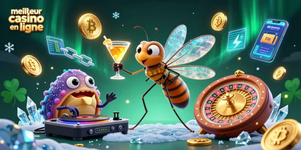 Le meilleur casino en ligne présente un rassemblement dynamique d'un moustique mascotte et un DJ trilobite.
