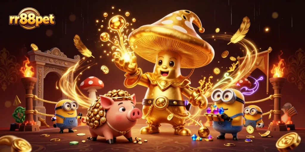 Experience thrilling gameplay with rr88pet's golden wizard and treasure-hunting pig in a dynamic casino scene.