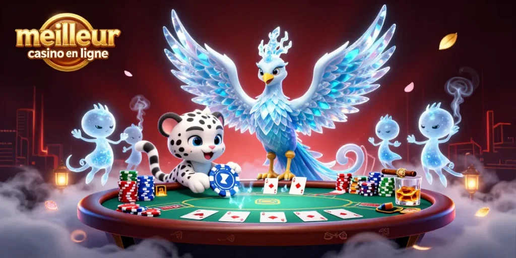 Actions de jeu au meilleur casino en ligne illustrées avec un phoenix de glace et des jetons de poker.