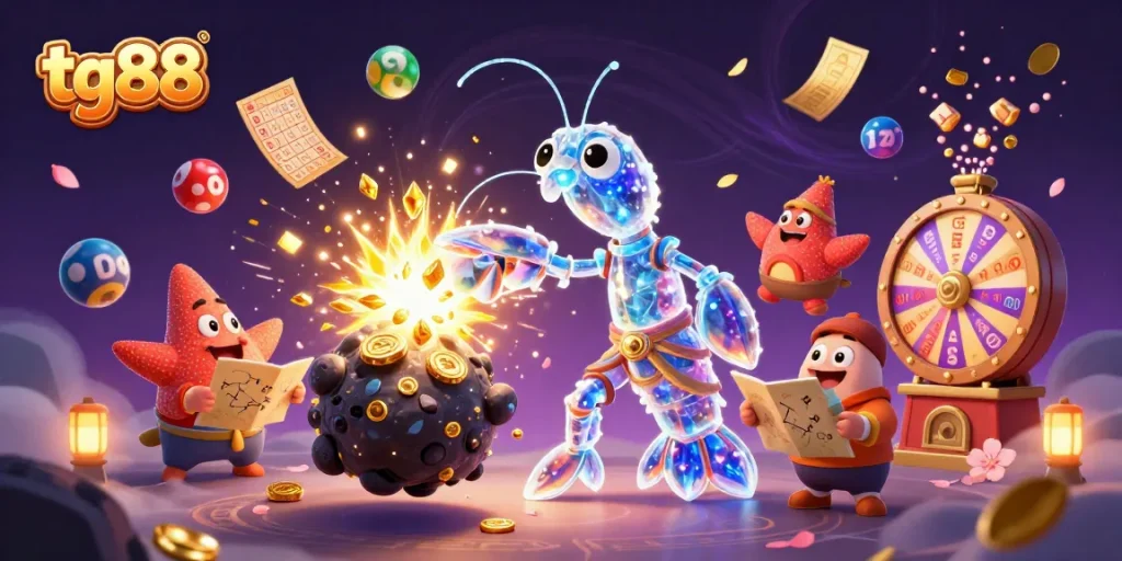Experience thrilling gaming action with tg88 as a vibrant galactic mantis shrimp punches through treasures.