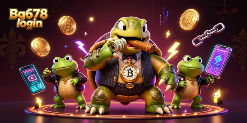 Get ready to enjoy gaming with Bg678 login featuring a mobster turtle and frog enforcers amid crypto elements.