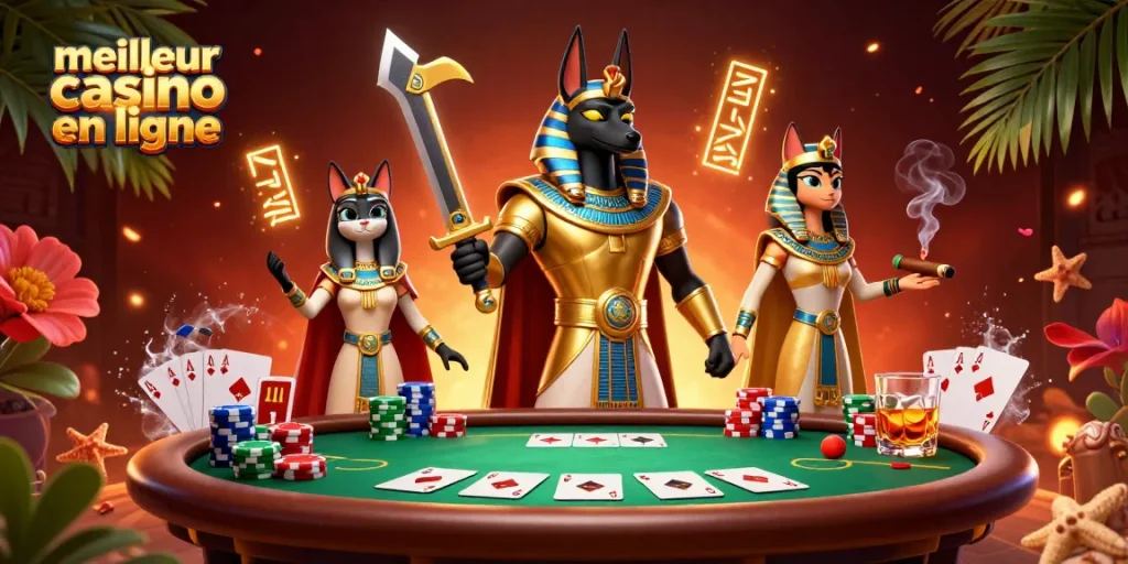 Jouer aux jeux de hasard dans le meilleur casino en ligne, avec Anubis et Bastet, ambiance haute en couleurs.