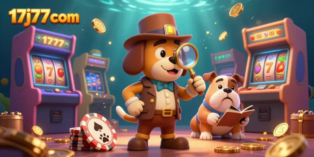 Uncover treasures at 17j77 com with a detective and bulldog examining poker chip clues.