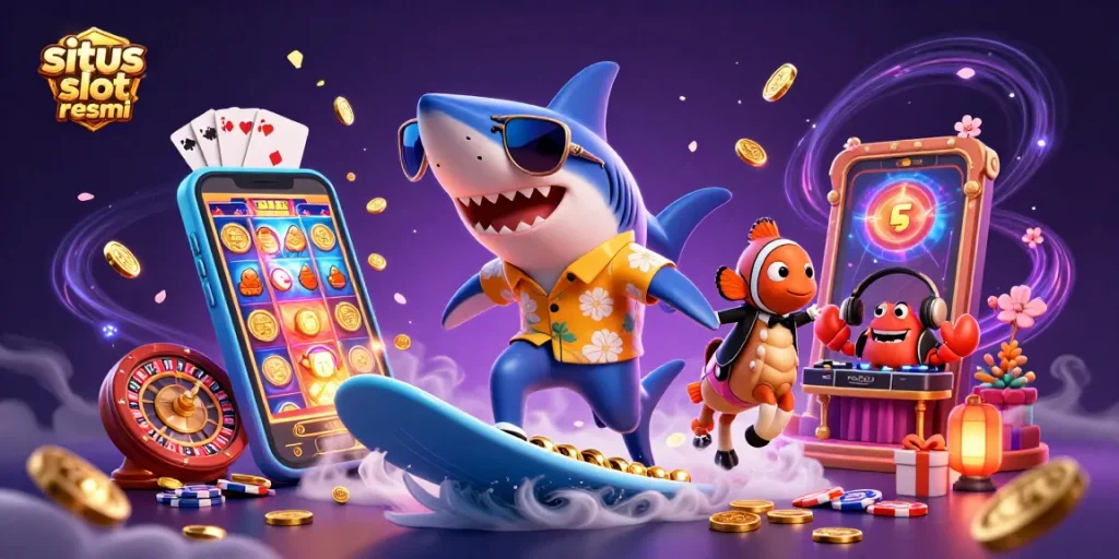Win big with situs slot resmi featuring a vibrant 3D casino scene with interactive elements