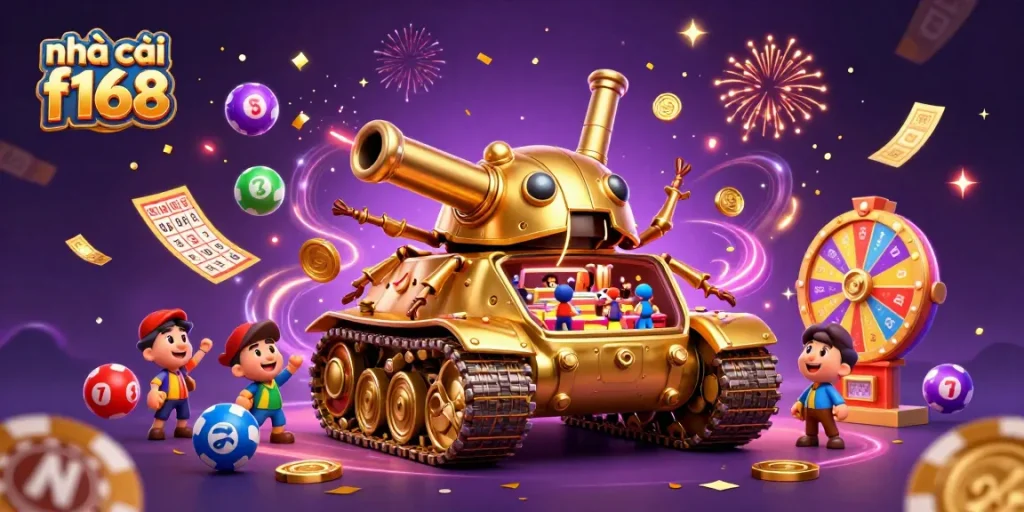 Experience the excitement of nhà cái f168 with a vibrant 3D casino scene featuring colorful elements and dynamic interactions.