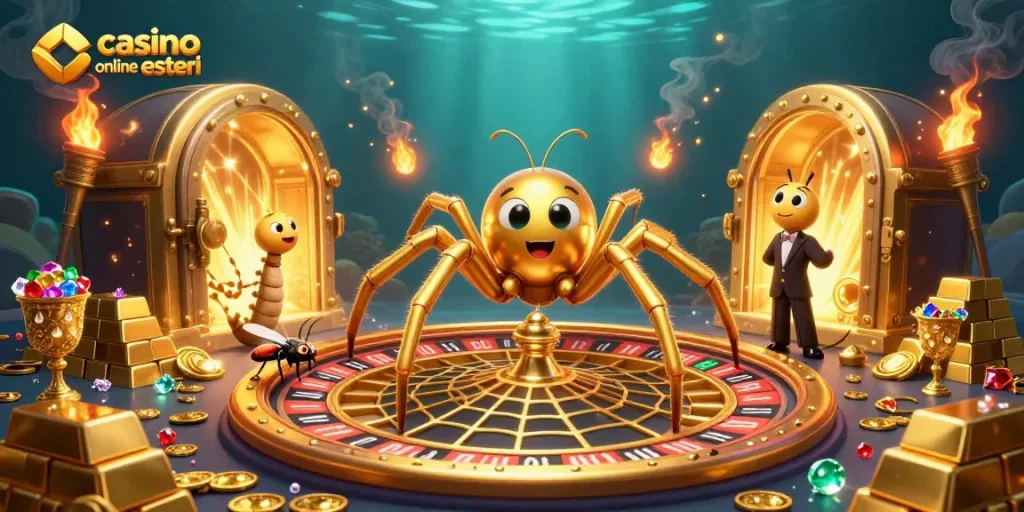 Scopri casino online esteri con un ragno d'oro su ruota della roulette e gemme preziose