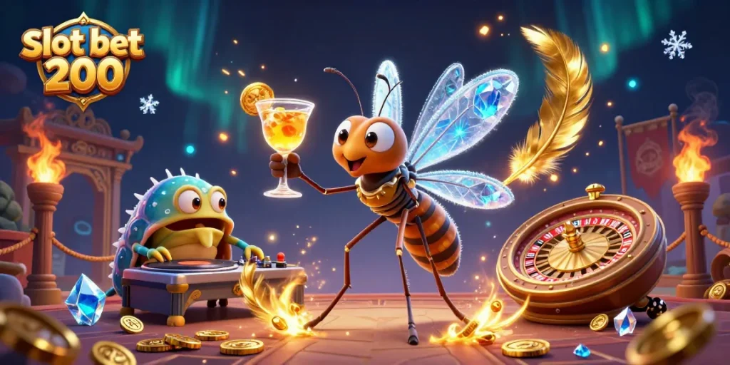 Win big with slot bet 200 at captivating online casino featuring vibrant characters and dynamic gaming elements.