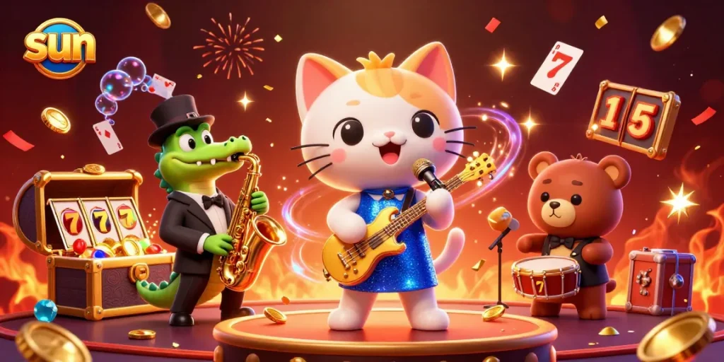 Experience the thrill of sun-filled casino games with vibrant characters and dynamic action in this 3D illustration.