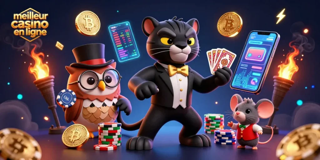 Image illustrant le meilleur casino en ligne avec une panthère élégante distribuant des cartes, un hibou et une souris chanceuse.