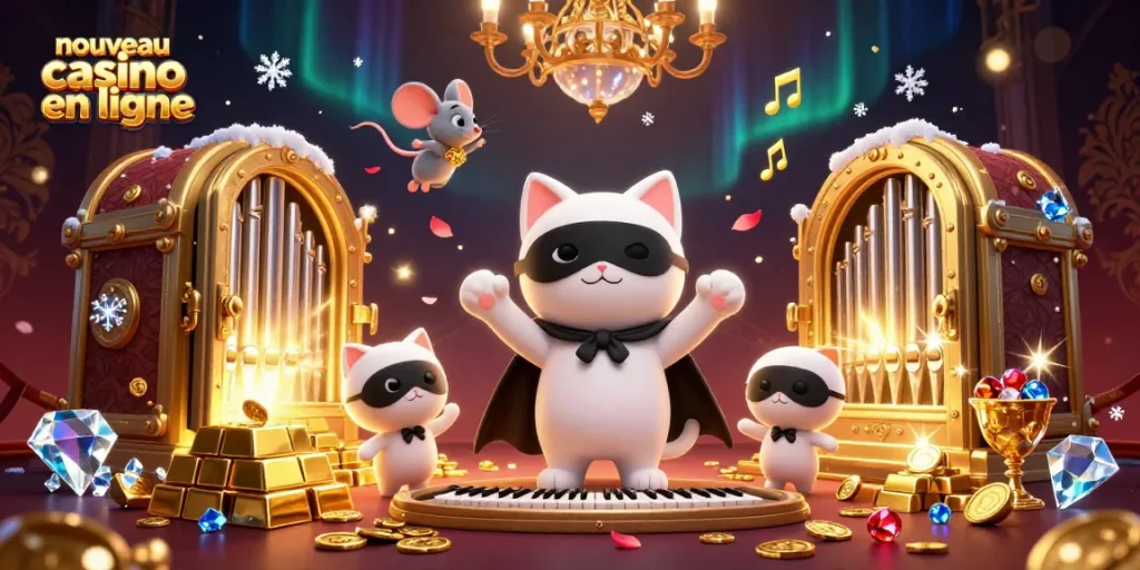 Nouveau casino en ligne avec un chat masqué jouant de l'orgue, joyaux et trésors scintillants autour.