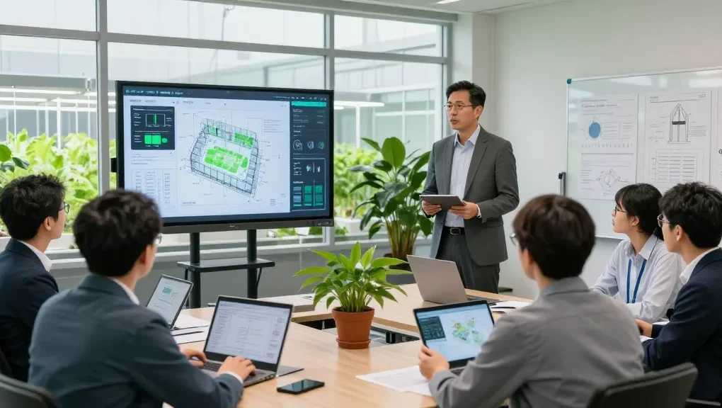 CIKA4D login process in a modern indoor agriculture consultation space, featuring digital displays and professional discussion.