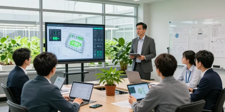 CIKA4D login process in a modern indoor agriculture consultation space, featuring digital displays and professional discussion.
