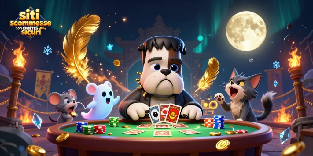 Scopri siti scommesse non aams sicuri con un bulldog Frankenstein e un gatto mannaro in un'illustrazione 3D.