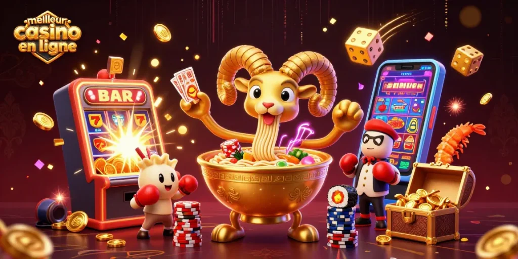 Découvrez le meilleur casino en ligne avec cette illustration pleine d'actions de personnages et de jeux de casino.