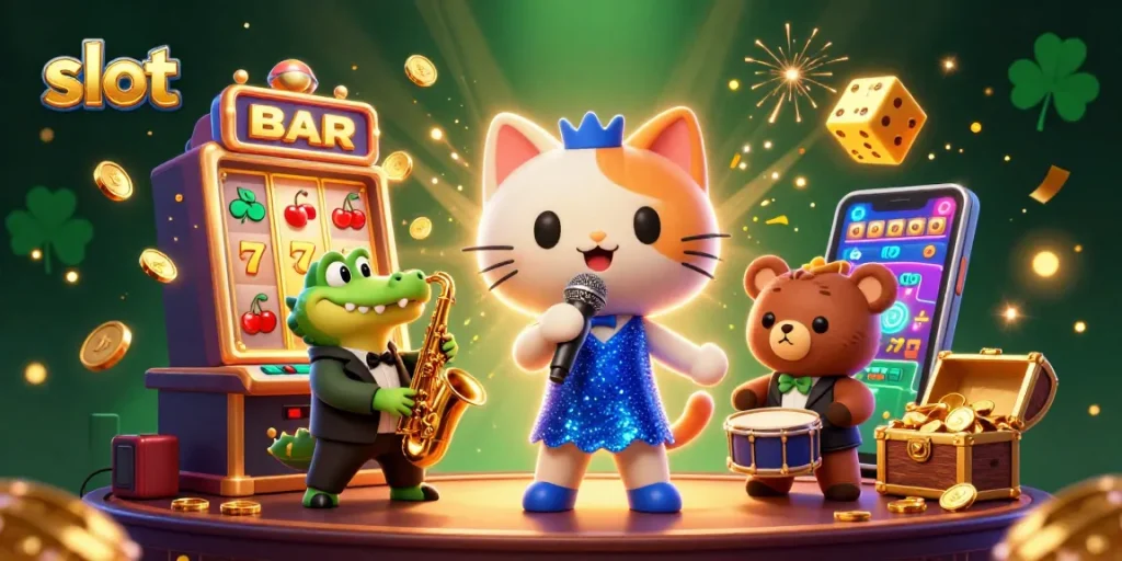 Experience exciting slot action with this vibrant casino scene featuring singing cat, saxophone crocodile, and drumming bear.