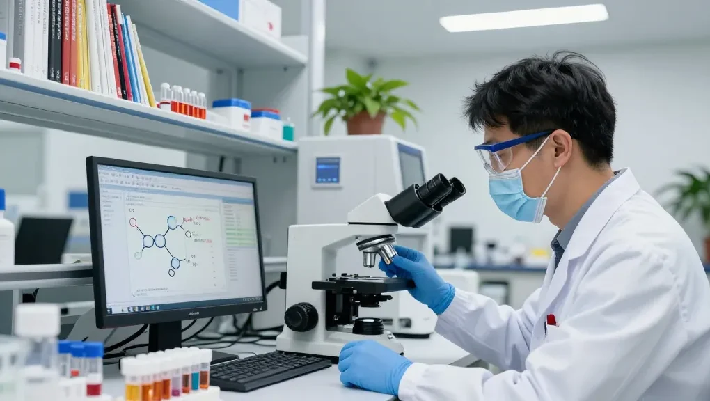 Copper peptide research in a laboratory with a scientist examining peptide samples and molecular charts.