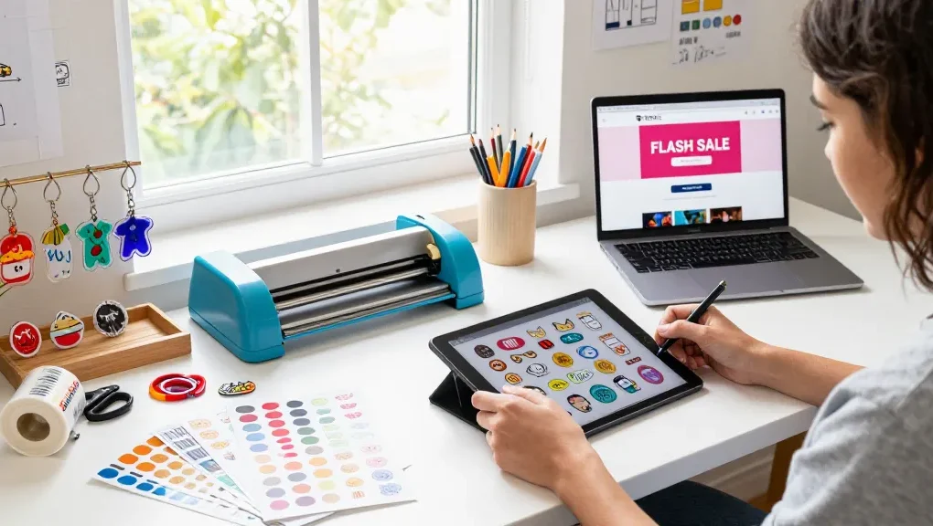 Creative workspace with custom stickers design process, showcasing vibrant materials and products.