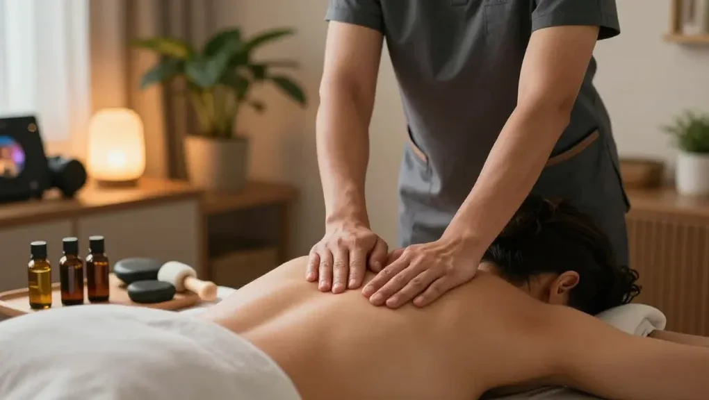 Professional therapist providing 의정부출장마사지 in a serene home setting with relaxing ambiance.