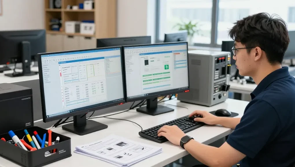 NAGA2000 technical support technician analyzing system diagnostics in a modern workspace.