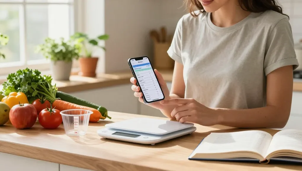 Healthy meal preparation with the best AI macro tracker app in a bright kitchen.