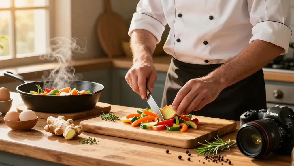A chef preparing a nutritious dish featuring เว็บสล็อต ingredients in a cozy kitchen, capturing the essence of healthy cooking.